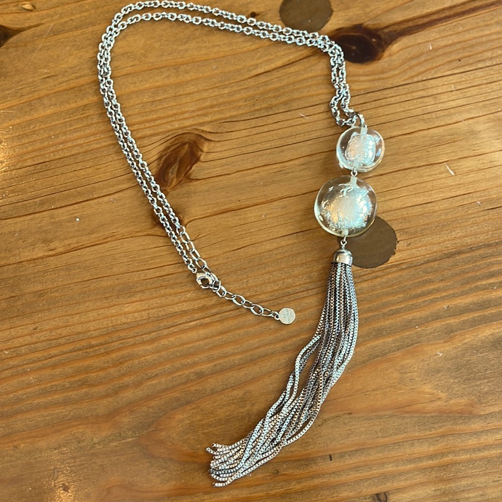 Graziano long silver necklace with glass beads and box chain tassel.